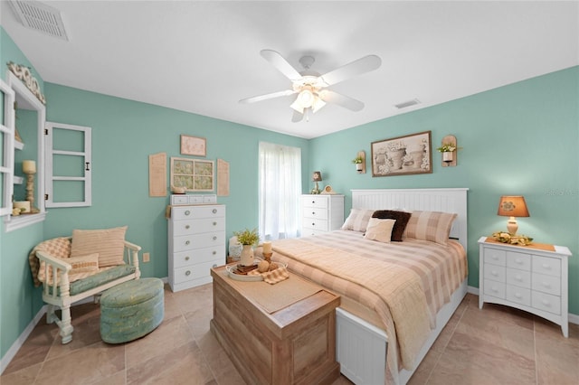 bedroom with baseboards, visible vents, and a ceiling fan