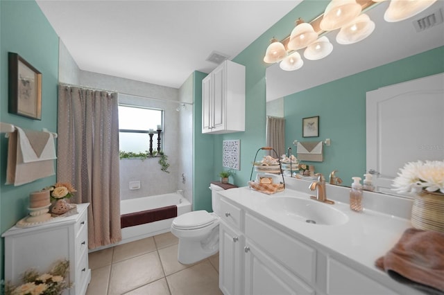 full bathroom featuring shower / tub combo, tile patterned flooring, vanity, and toilet