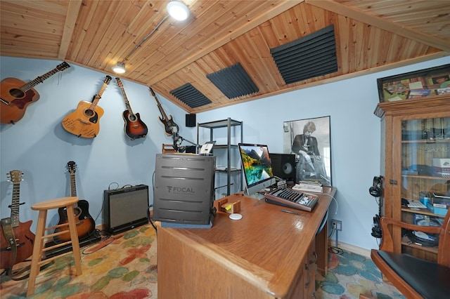 office with vaulted ceiling with beams and wood ceiling