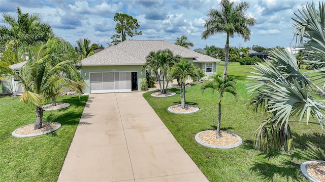 view of front facade with driveway, stucco siding, an attached garage, a front lawn, and a shingled roof