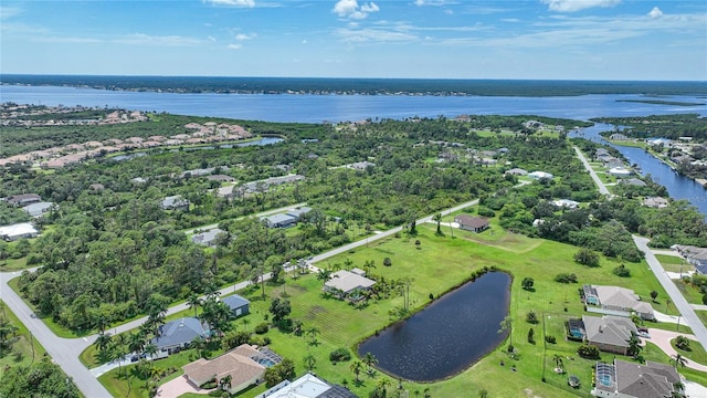 bird's eye view with a water view