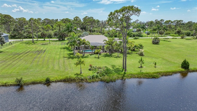 drone / aerial view with a water view