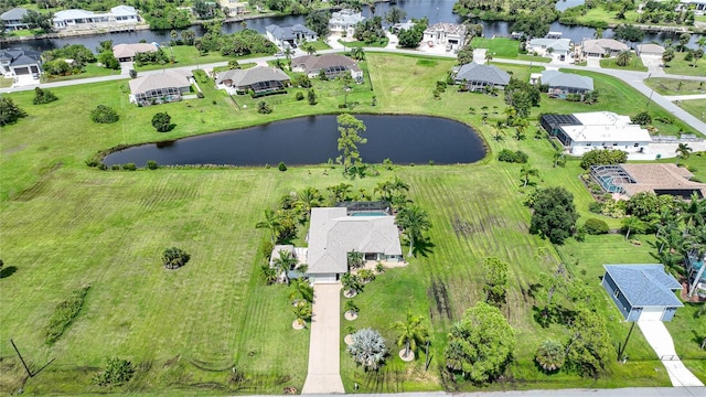 drone / aerial view featuring a water view