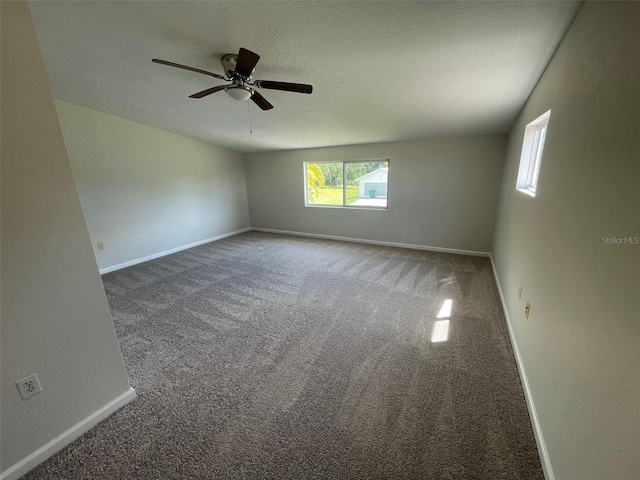 empty room featuring ceiling fan, plenty of natural light, carpet floors, and a textured ceiling