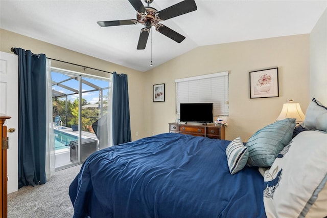 carpeted bedroom featuring lofted ceiling, ceiling fan, and access to outside