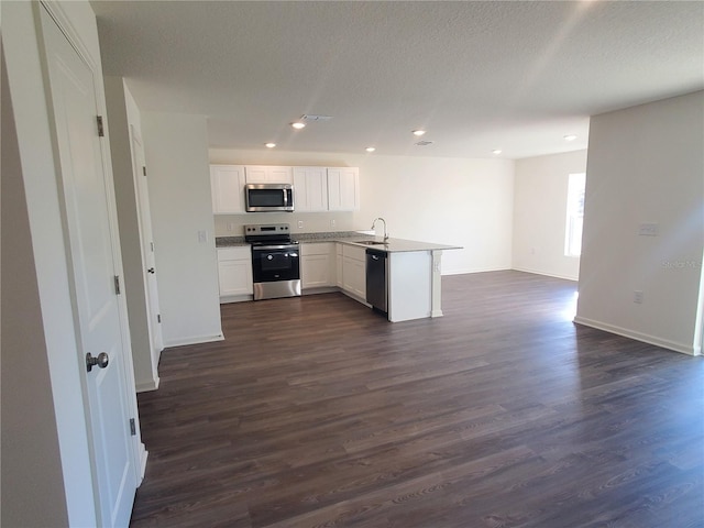 kitchen featuring kitchen peninsula, stainless steel appliances, sink, white cabinets, and dark hardwood / wood-style floors