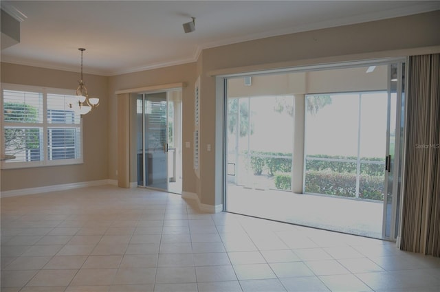 tiled empty room with ornamental molding and a notable chandelier