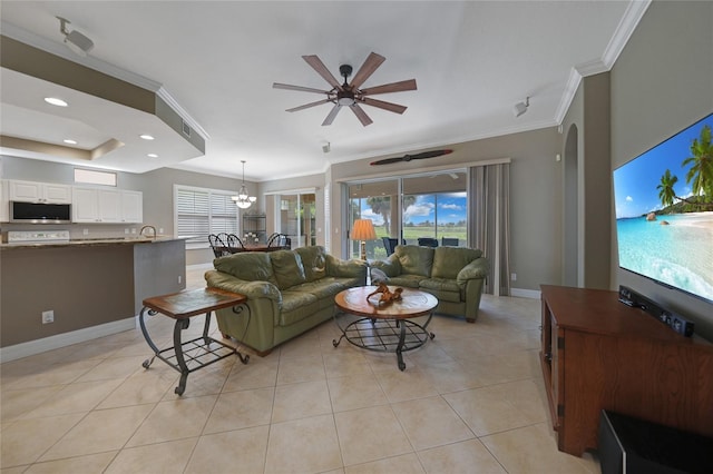 3959 San Rocco Ct Unit 911, Punta Gorda, FL 33950 - living area with ornamental molding, light tile patterned floors, a ceiling fan, baseboards, and recessed lighting