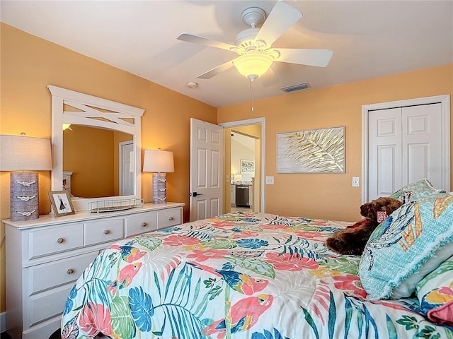 bedroom with ceiling fan and a closet