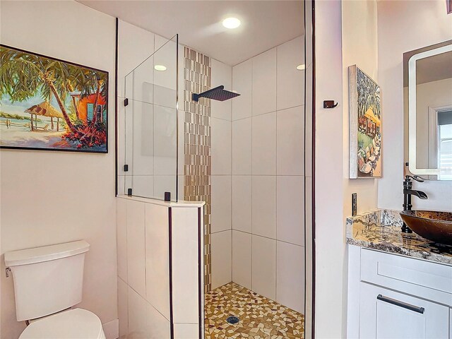 bathroom featuring a tile shower, vanity, and toilet