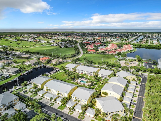 drone / aerial view with a water view