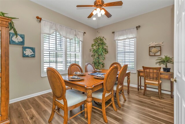 dining room featuring a wealth of natural light, hardwood / wood-style flooring, and ceiling fan