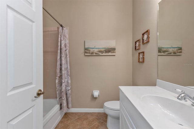 full bathroom with tile patterned floors, vanity, shower / bath combination with curtain, and toilet