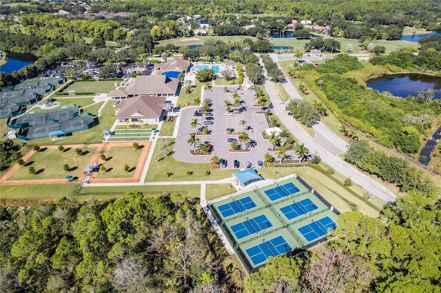 bird's eye view with a water view