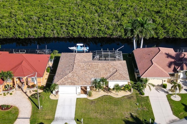 aerial view featuring a water view