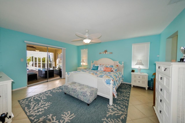 bedroom featuring ceiling fan, access to exterior, and light tile patterned flooring