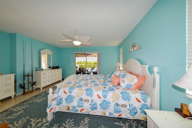 bedroom with ceiling fan and tile patterned floors