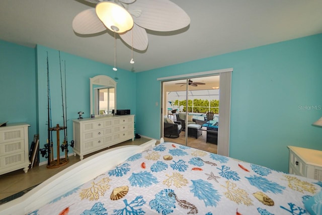 tiled bedroom with ceiling fan