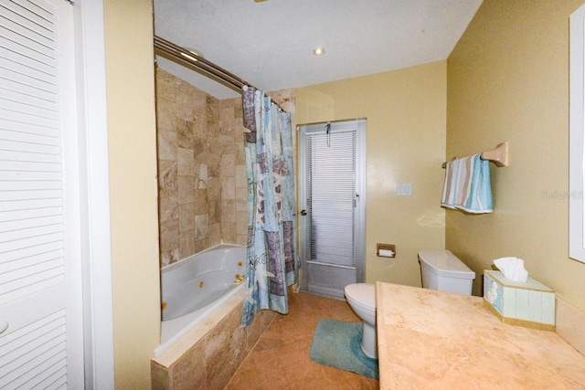 bathroom with shower / tub combo with curtain, tile patterned flooring, and toilet