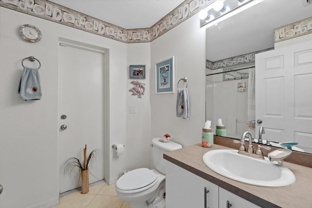 bathroom with a shower with shower curtain, tile patterned flooring, toilet, and vanity