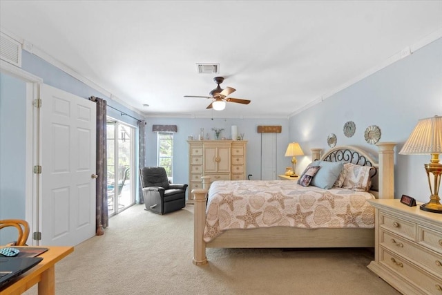 bedroom featuring ceiling fan, light colored carpet, crown molding, and access to outside