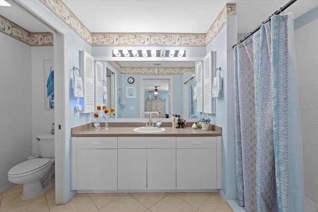 bathroom featuring vanity, toilet, ceiling fan, and tile patterned floors