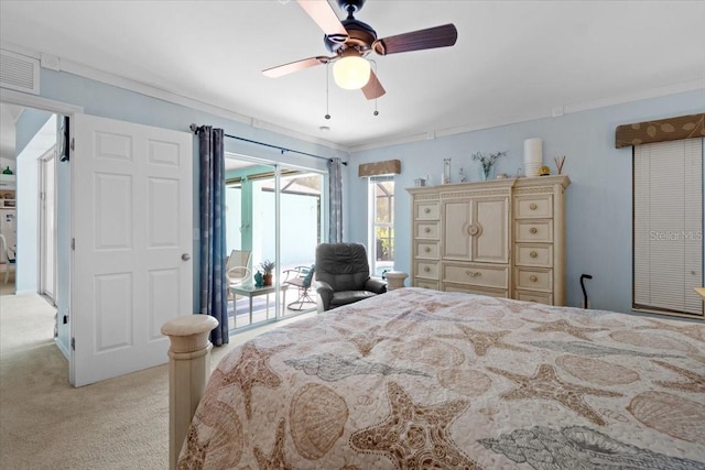 carpeted bedroom with crown molding, access to outside, and ceiling fan