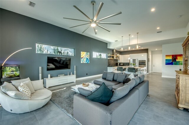3715 NW 9th Ter, Cape Coral, FL 33993 - tiled living area featuring a ceiling fan, recessed lighting, and baseboards