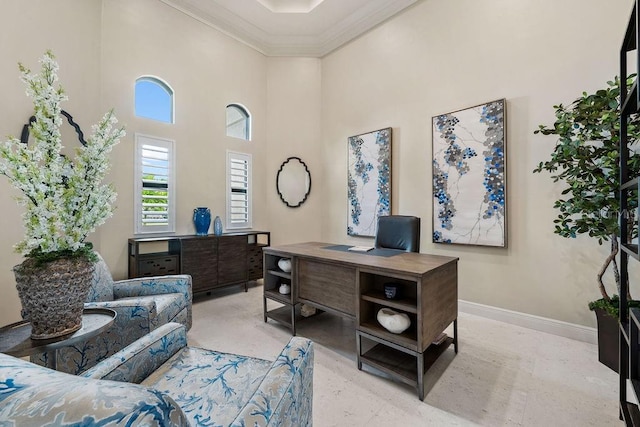 office with ornamental molding and a high ceiling