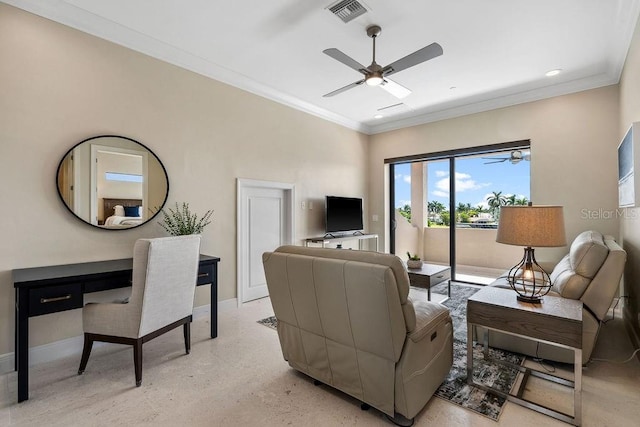 living room featuring crown molding and ceiling fan