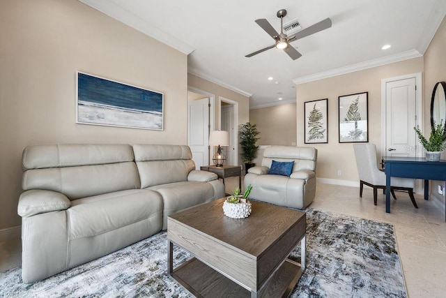 living room featuring crown molding, ceiling fan, and tile patterned floors