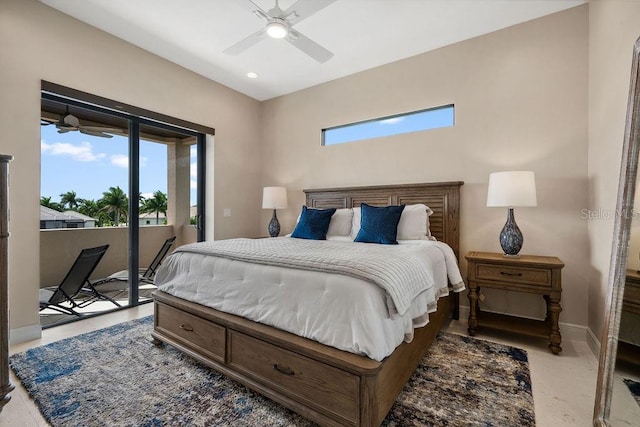 bedroom with multiple windows, ceiling fan, and access to exterior