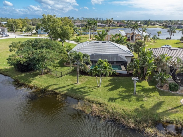 bird's eye view with a water view