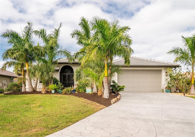 view of front of home with a front yard and a garage