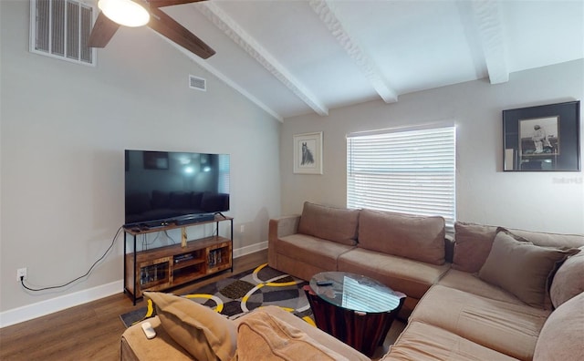 living room featuring ceiling fan, hardwood / wood-style flooring, and lofted ceiling with beams