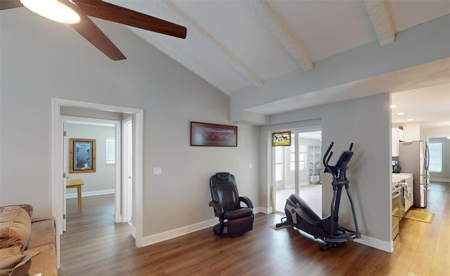 interior space featuring high vaulted ceiling, wood-type flooring, and ceiling fan