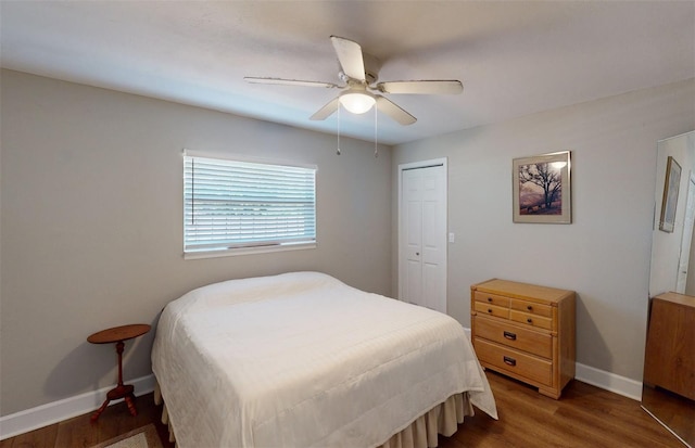 bedroom featuring a closet, ceiling fan, and dark hardwood / wood-style floors