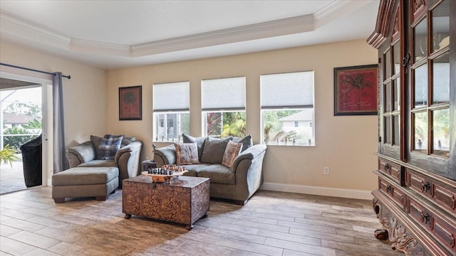 living room featuring light hardwood / wood-style flooring, ornamental molding, and a raised ceiling