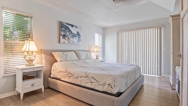 bedroom with a tray ceiling and light hardwood / wood-style floors