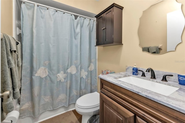 full bathroom with shower / bath combination with curtain, vanity, toilet, and hardwood / wood-style flooring