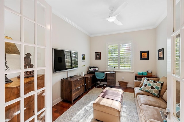 interior space featuring ornamental molding, wood-type flooring, and ceiling fan