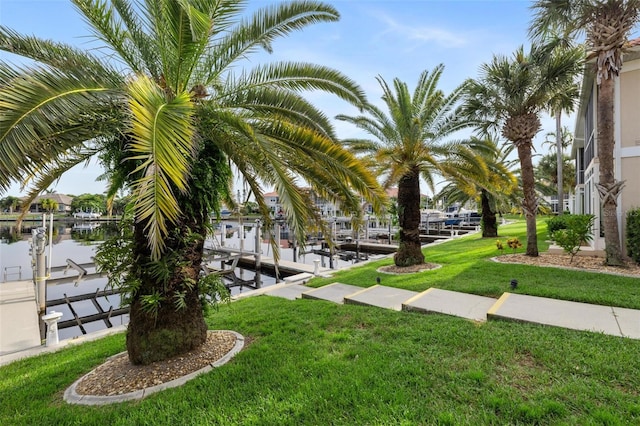 surrounding community featuring a dock and a lawn