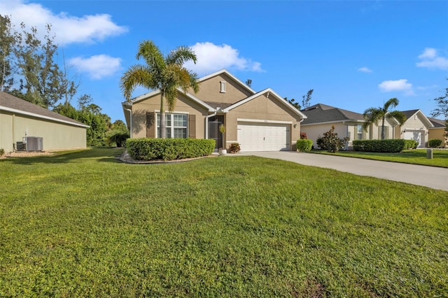 ranch-style house featuring a garage, a front lawn, and central air condition unit