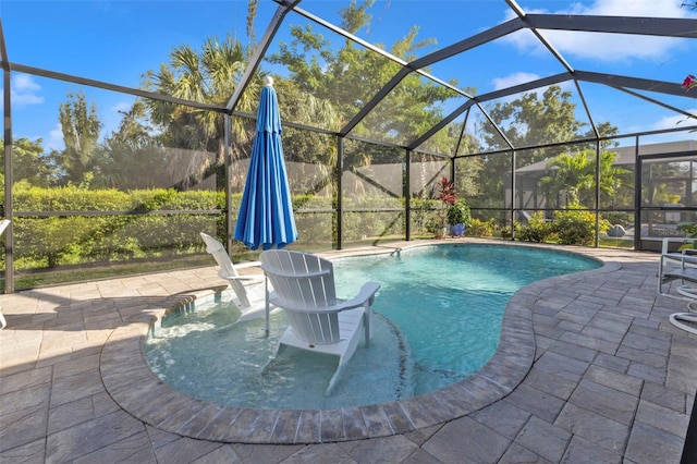 view of swimming pool with a patio and glass enclosure