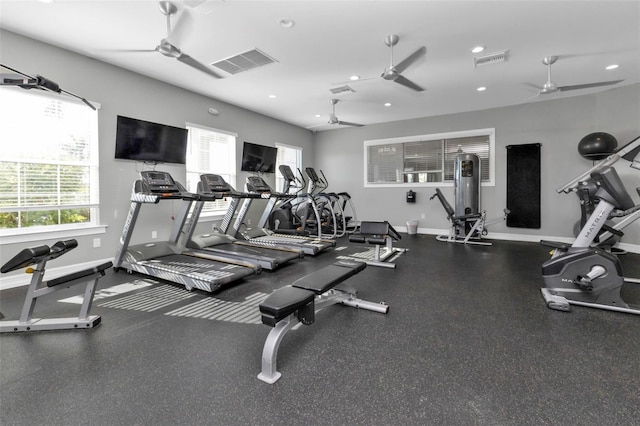 exercise room featuring ceiling fan