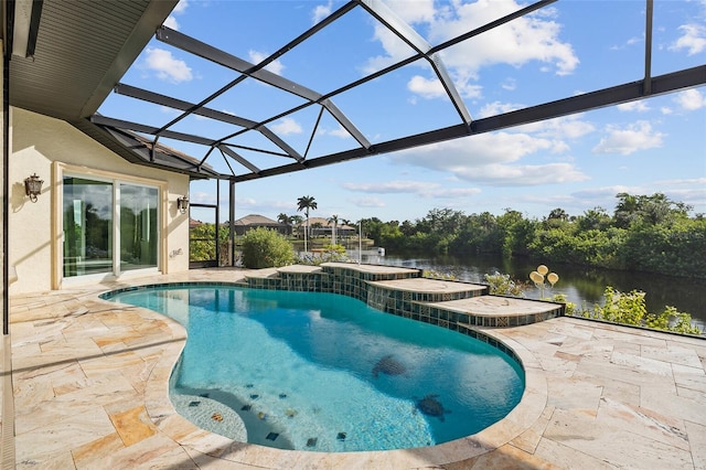 view of swimming pool with a lanai, a hot tub, a water view, and a patio area