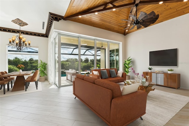 living room with ceiling fan with notable chandelier, wood ceiling, plenty of natural light, and beam ceiling