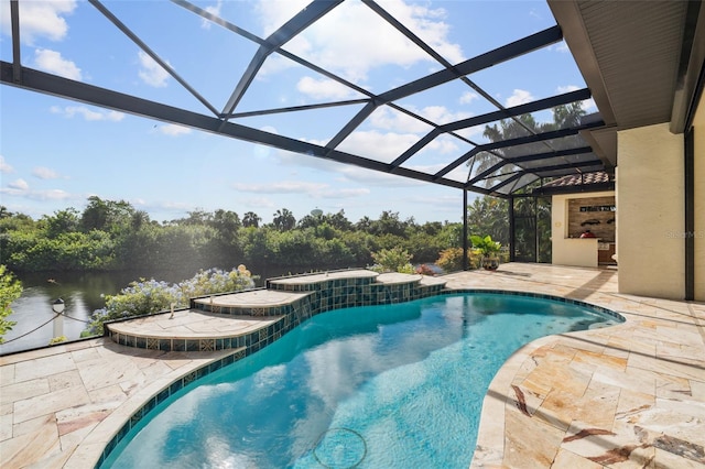 view of swimming pool with a hot tub, a water view, a patio, and glass enclosure