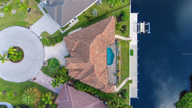 drone / aerial view with a water view