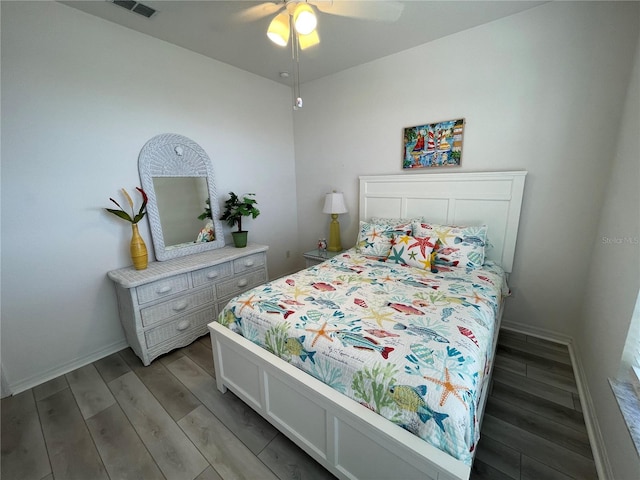 bedroom featuring ceiling fan and light hardwood / wood-style flooring